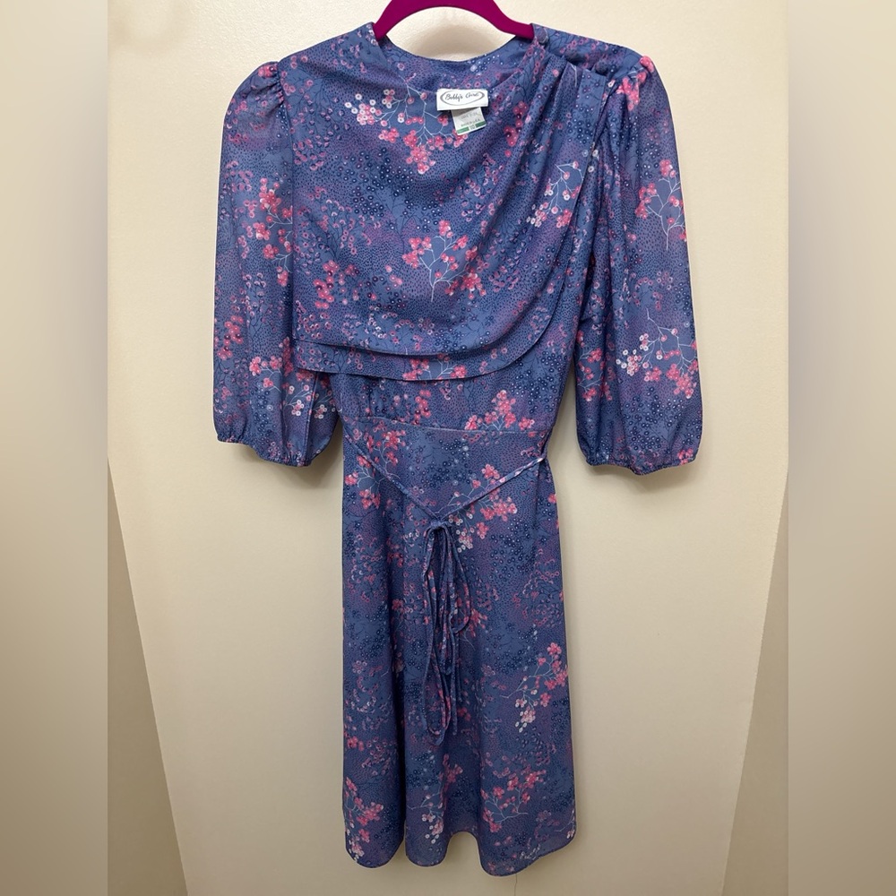 Vintage 70s Bobby's Girl Ditsy Floral Drape Cowl Midi Dress Puff Sleeve Sz Med